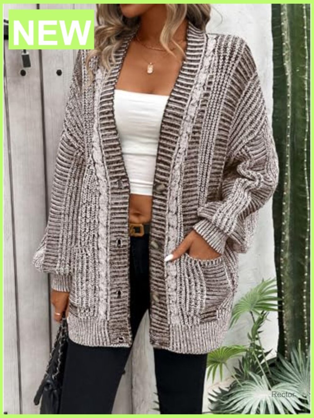Oversized Cable Knit Cardigan with Pockets Long Sleeve - Picture 3 of 7